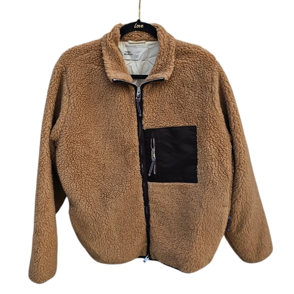 Tory Burch Sherpa Fleece Jacket tan, brown, with cream lining size xl